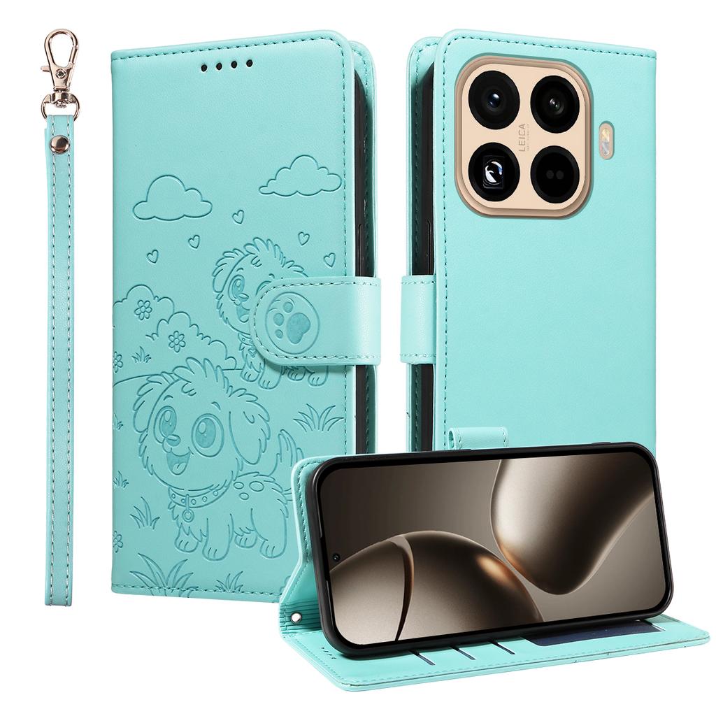 Чехол для Xiaomi 15T Pro с блокировкой RFID, с тисненым узором собаки, из ПУ кожи, чехол для телефона с ремешком на запястье