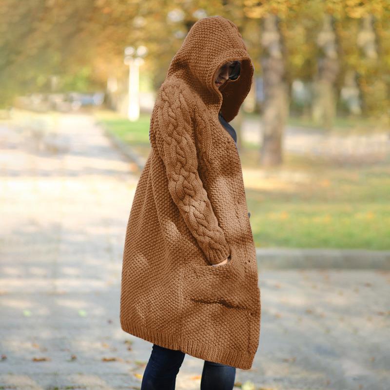 Women Winter Fashion Long Sleeve Solid Color Knitted Hooded Sweater Cardigan Open Front Long Cardigan