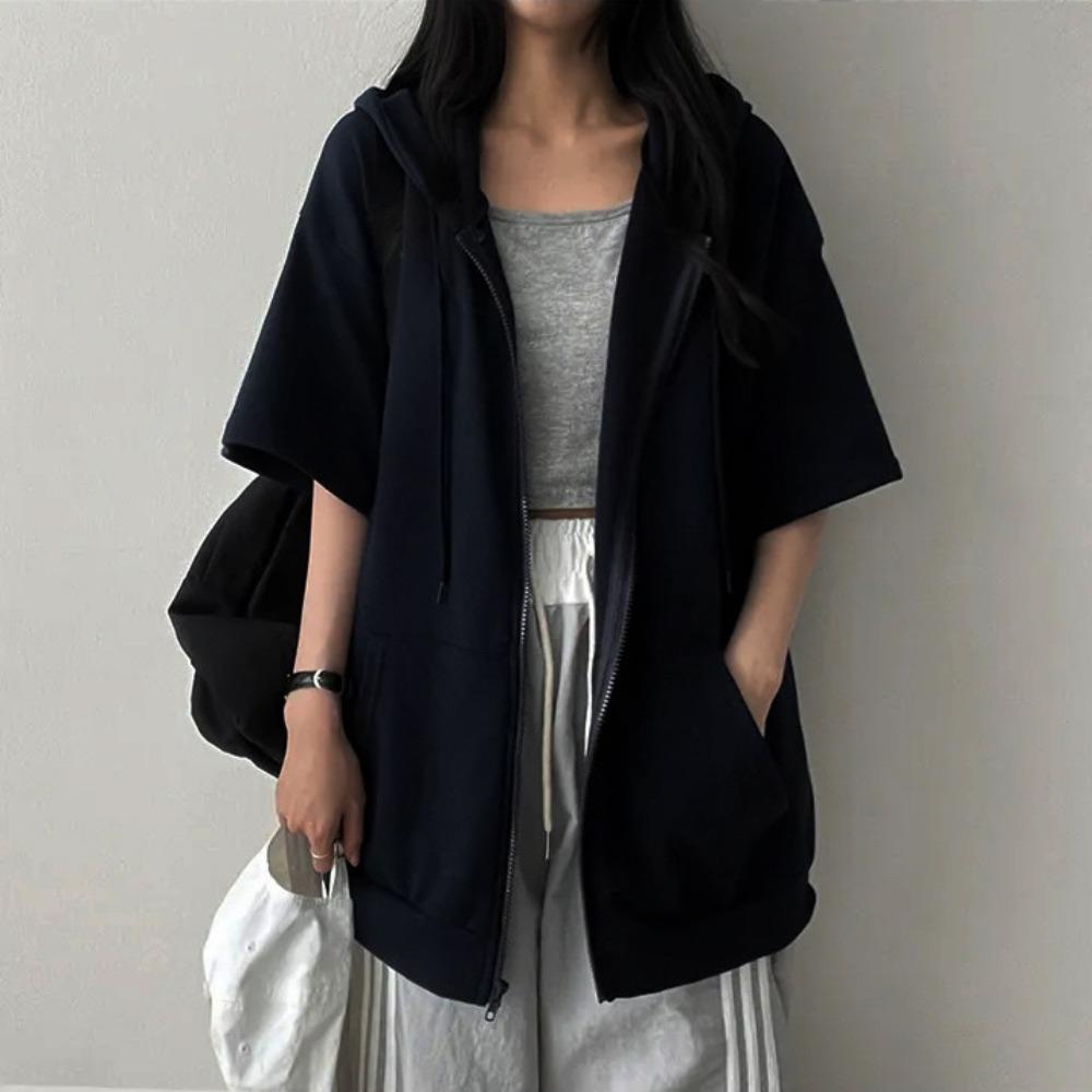 Women's Hooded Short Sleeve Cardigan Loose Fit Lazy Style Zip Up Jacket Casual Sweatshirt Top