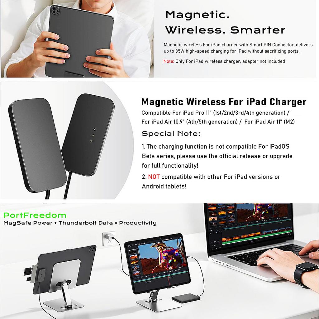 Для iPad Pro 13"/11"/12.9"/10.9" Магнитное Быстрое Зарядное Устройство Smart Connector Зарядное Устройство Беспроводная Зарядная Платформа Зарядное Устройство с Кабелем USB-C