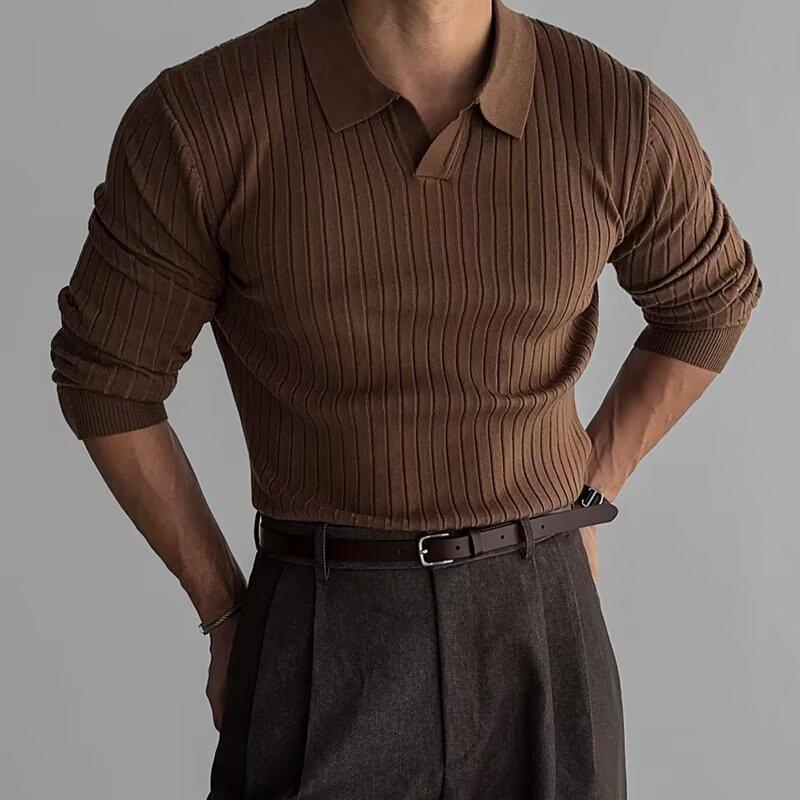 Трикотаж мужской весна-осень: Однотонная полосатая рубашка-поло с эластичными лацканами, футболка с длинным рукавом
