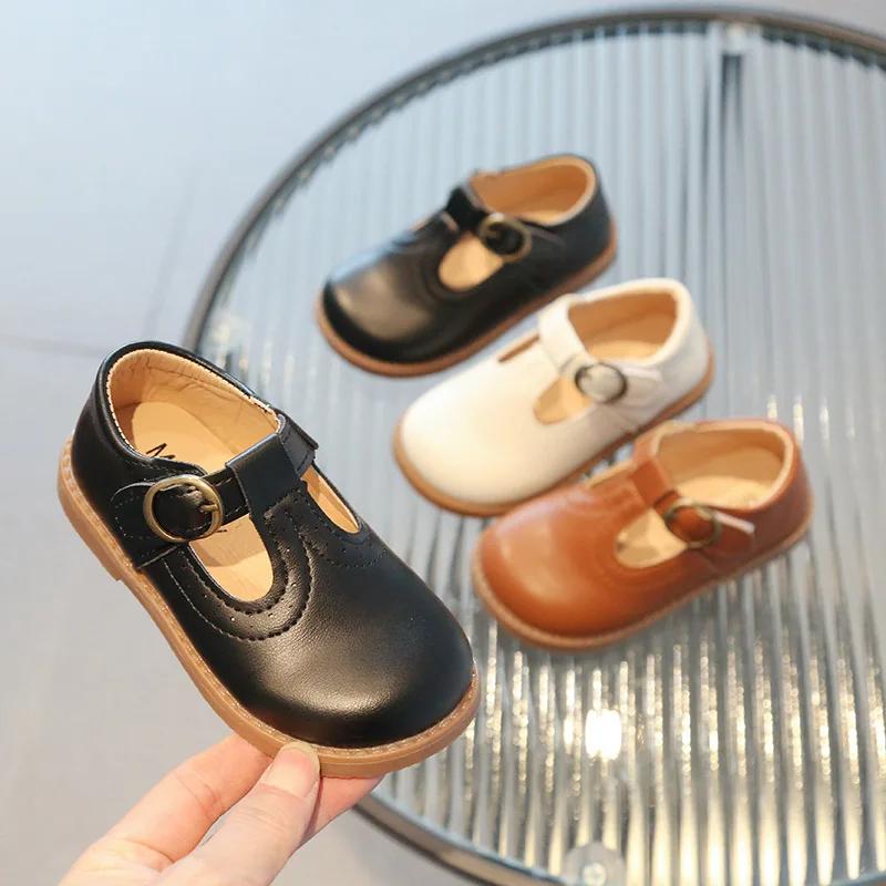 Spring Kids Leather Shoe T-strap Hollow-out Children's Fashion Mary Janes Vintage Boys Girls Shoes School Flats Shoes Hook Loop