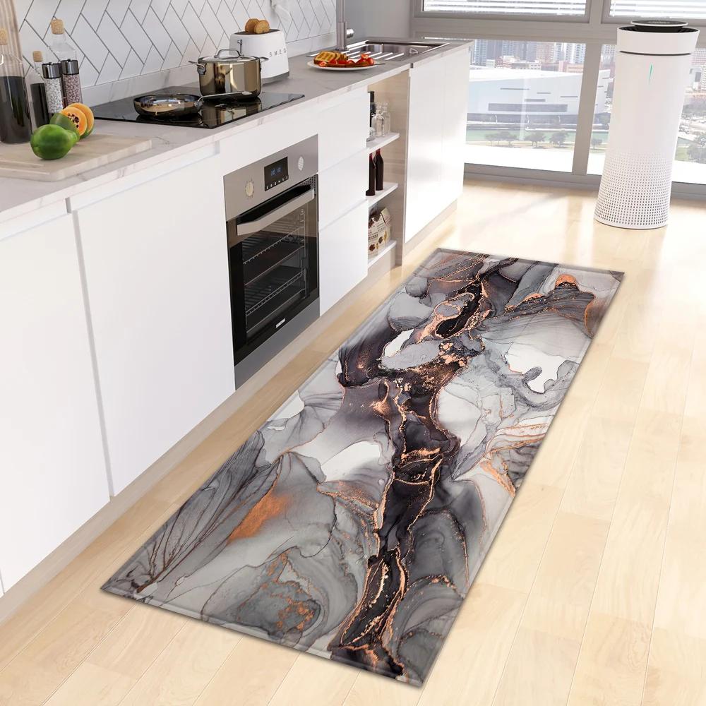 Marble Print Kitchen Runner Rug, Modern Gold Black Vein Non-Slip Water Oil Resistant Floor Mat