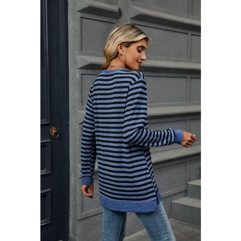 Осенне-зимняя женская блузка больших размеров в полоску с круглым вырезом и длинными рукавами, свободный топ