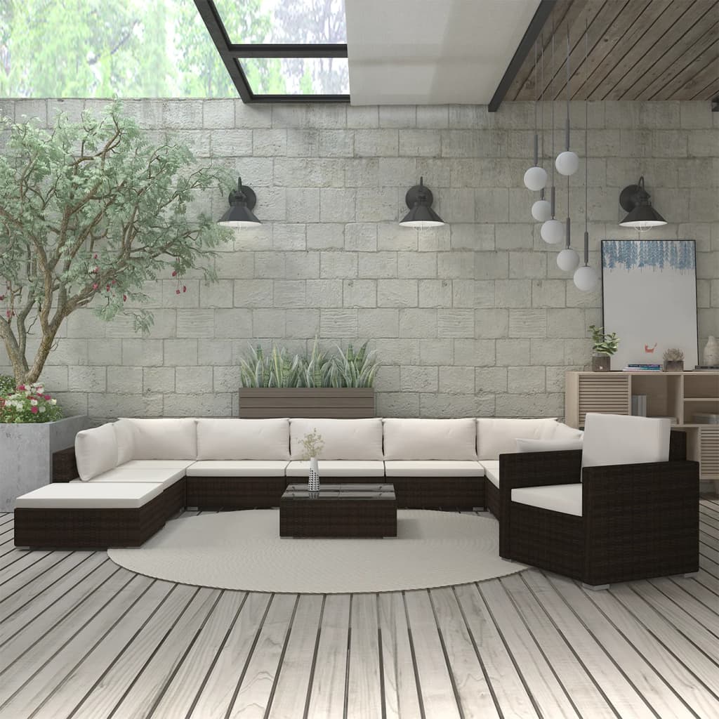 11 Piece Garden Lounge Set with Cushions Poly Rattan Brown