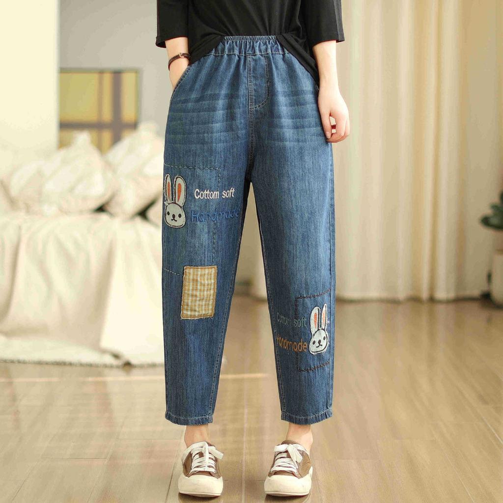 Весна/лето Новые повседневные брюки-харен для женщин Вышитые женские укороченные брюки Свободные джинсы для женщин