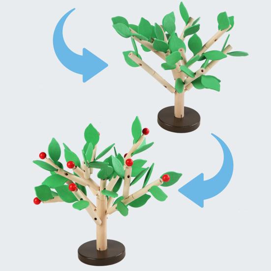 Wooden Building Block Tree Toy Fine Motor Skills Hand Eye Coordination Training Toddlers Educational Yellow Green Leaves Tree Assembly Toy with Base