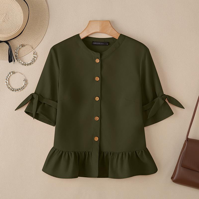 ZANZEA Женская повседневная однотонная блузка с круглым вырезом и рукавом 3/4