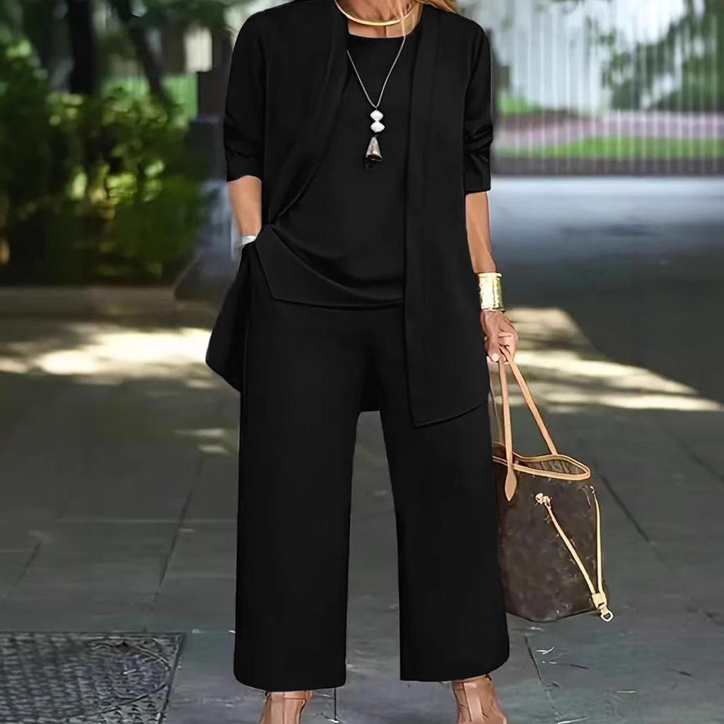 Европейско-американский повседневный осенне-зимний однотонный комплект-тройка: Длинные брюки, кардиган с длинным рукавом и жилет для женщин