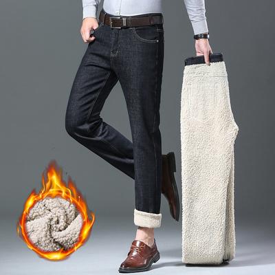 Мужские джинсы из овечьей шерсти, зимние, с подкладкой, не цепляющиеся, удобные, мужские эластичные, нефлисовые, прямые джинсы