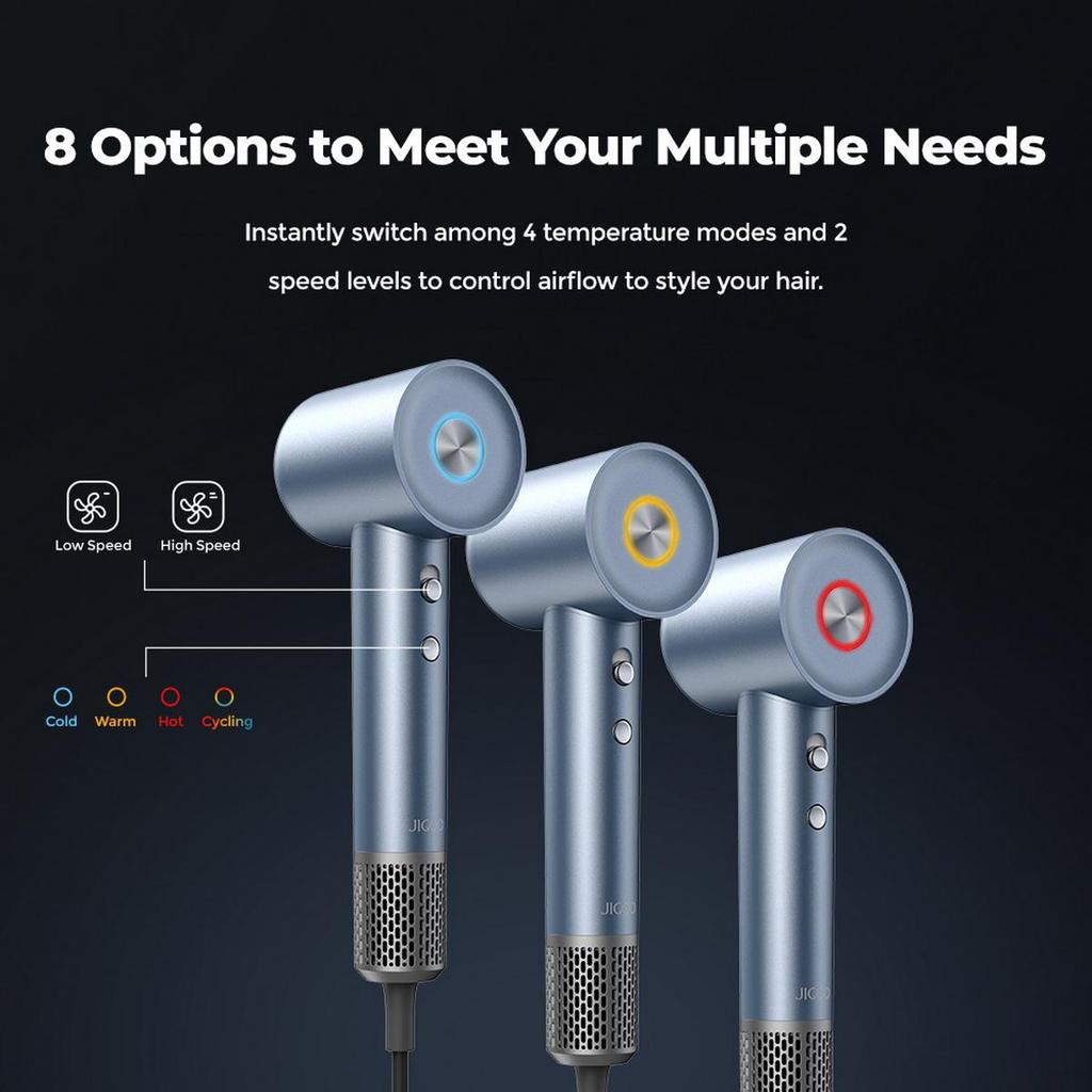 Восстановленный высокоскоростной фен JIGOO H300 1600 Вт, 200 миллионов отрицательных ионов, 2 уровня скорости