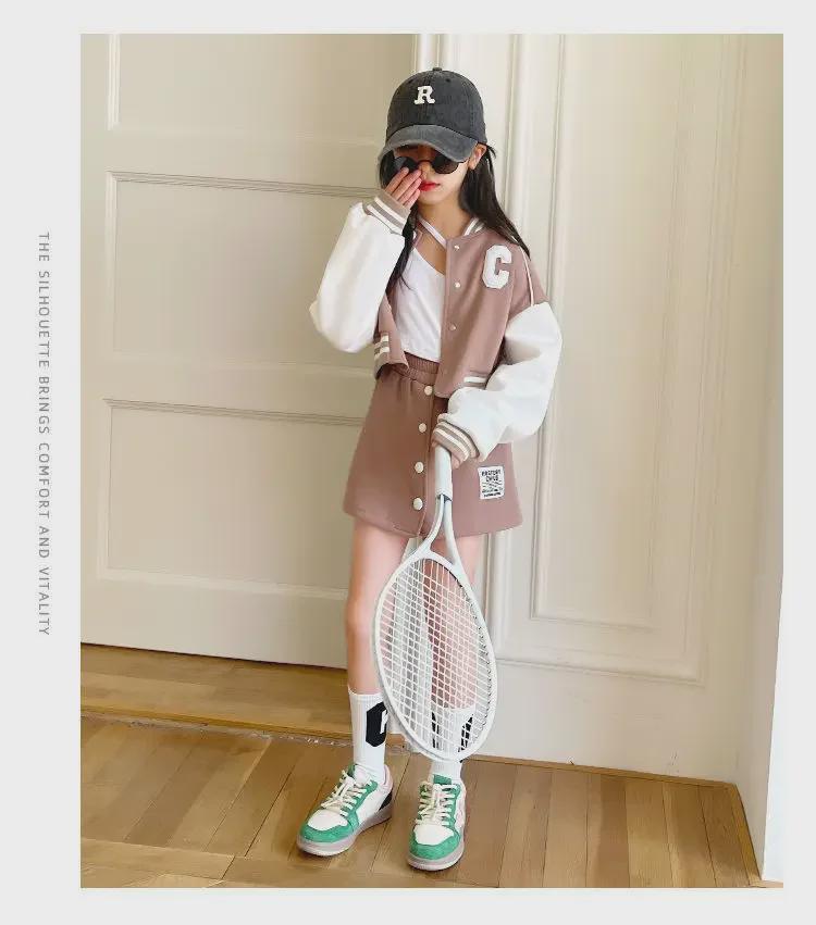 Корейская мода для девочек весна-осень 2024: Комплект из двух предметов: бейсбольная куртка и юбка на пуговицах