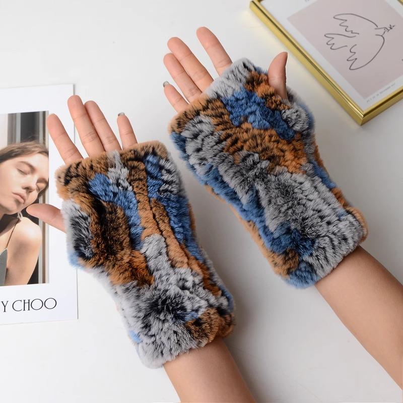 Новые женские вязаные варежки из 100% натурального меха кролика рекс, зимние теплые женские перчатки без пальцев из натурального меха, вязаные меховые варежки ручной работы