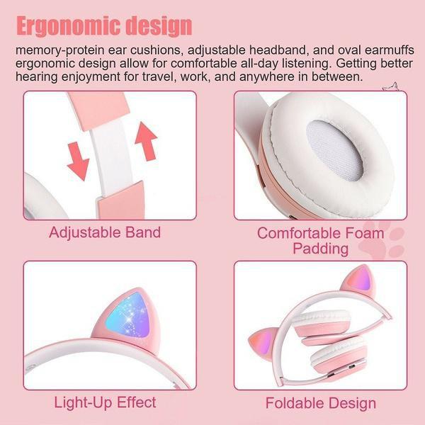 Мигающие светодиодные кошачьи уши, беспроводные наушники, Bluetooth-наушники с микрофоном TF FM, стерео музыкальная гарнитура для девочек, телефонные наушники, подарок