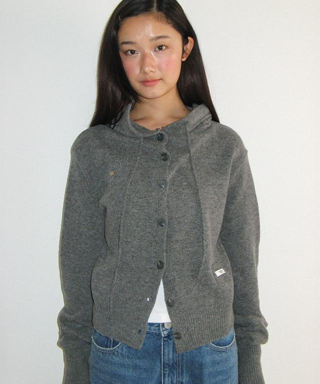 RONRON Mini Pocket Hooded Knit Cardigan Gray