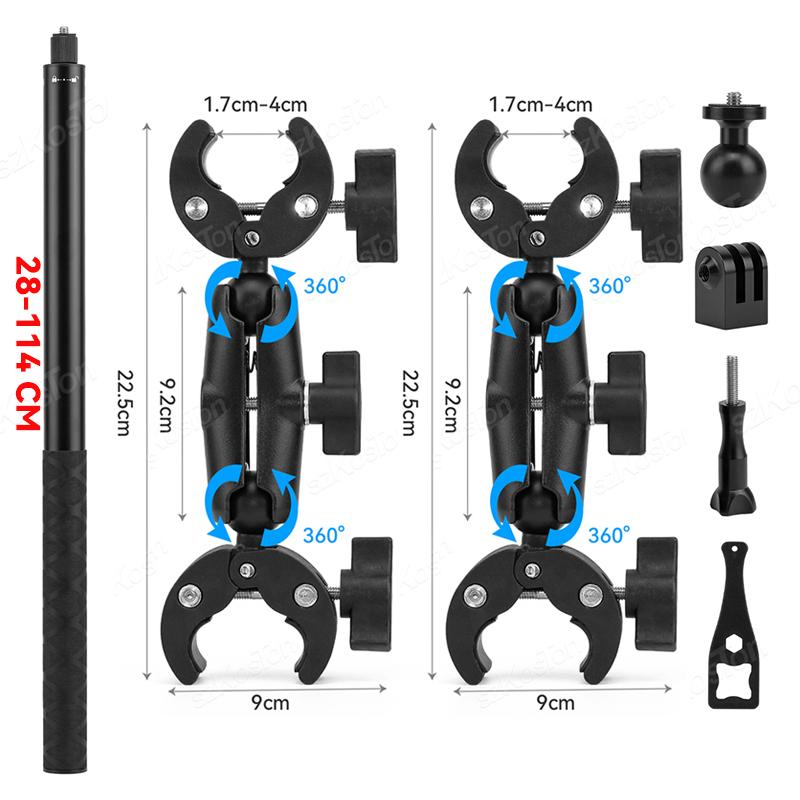 Для GoPro 13 12 11 10 9 DJI Action 5 Pro Super Camera Clamp Mount Adapter Double Head Holder для мотоцикла Bracket Selfie Stick