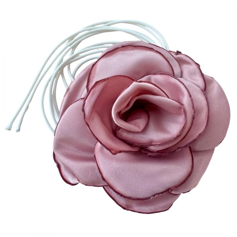 Naszyjnik Choker Xl Kwiat Róża Na Rzemyku Elegancka Pudrowa Dla Kobiet