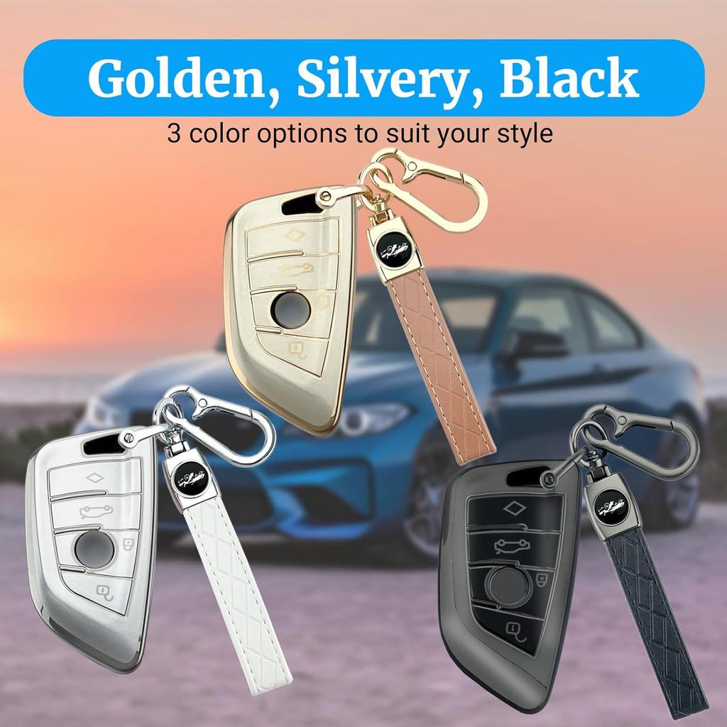 Soft TPU for BMW Key Fob Cover with Leather Keychain for X1 X3 X4 X5 X6 X7 M5 M6 1 2 3 4 5 6 7 Series GT3 GT5 GT6 Key Case Accessories, Gold