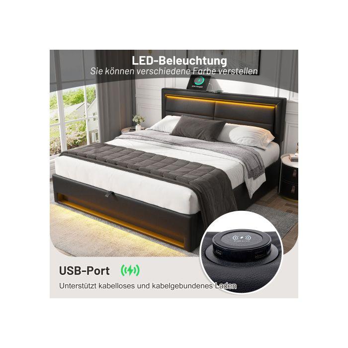 Мягкая кровать - MUVOE - 140 x 200 см - USB - Светодиодная подсветка - Хранение под кроватью