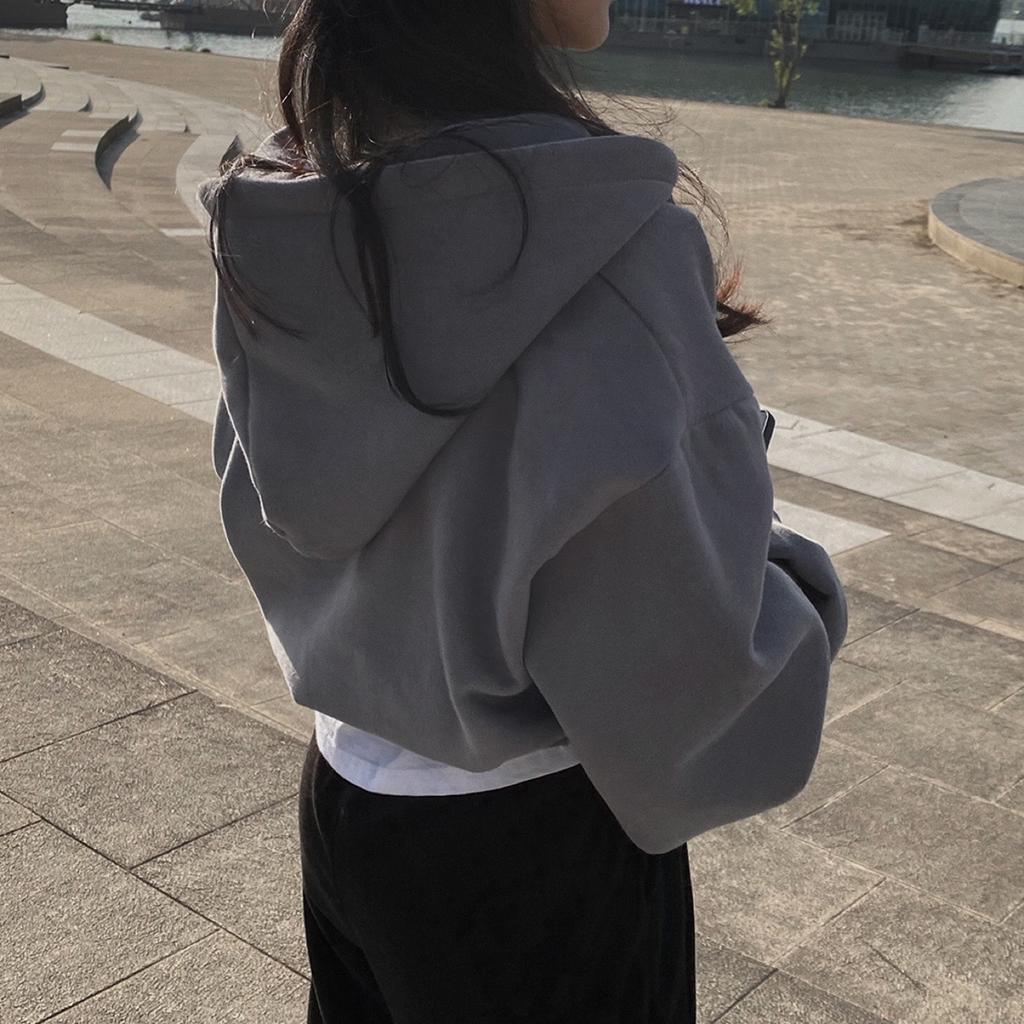 Casual Hood Sweatshirt Women Zip Up Hoodies Solid Harajuku Long Sleeve Shirt Oversized Crop Tops Female Loose Jackets Coat