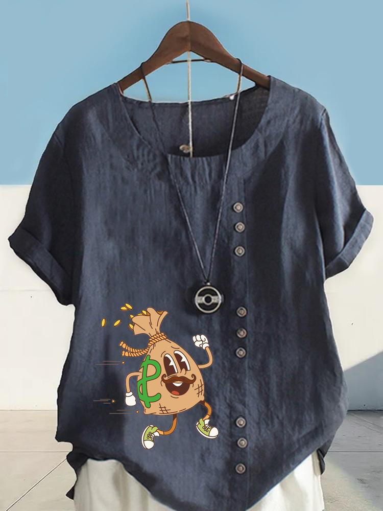 Women's Fashion Human Shaped Money Bag Print Shot Sleeve T-shirt Loose Cotton Shirt Casual Loose Summer Blouse Tops Plus Size