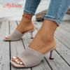 Fashion Aphixta Women 7CM High Heels Mules Woman Slides Stretch Fabric Fashion Slippers For Women Summer Shoes Woman 2025 Trend Shoes