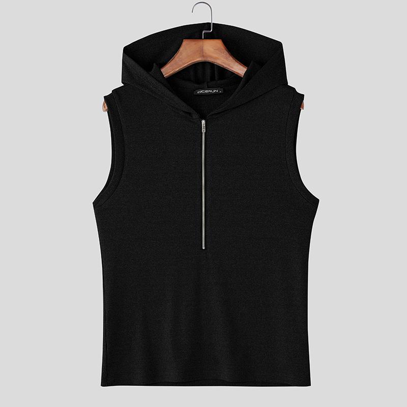 INCERUN Мужские безрукавные повседневные худи-майки в рубчик на молнии