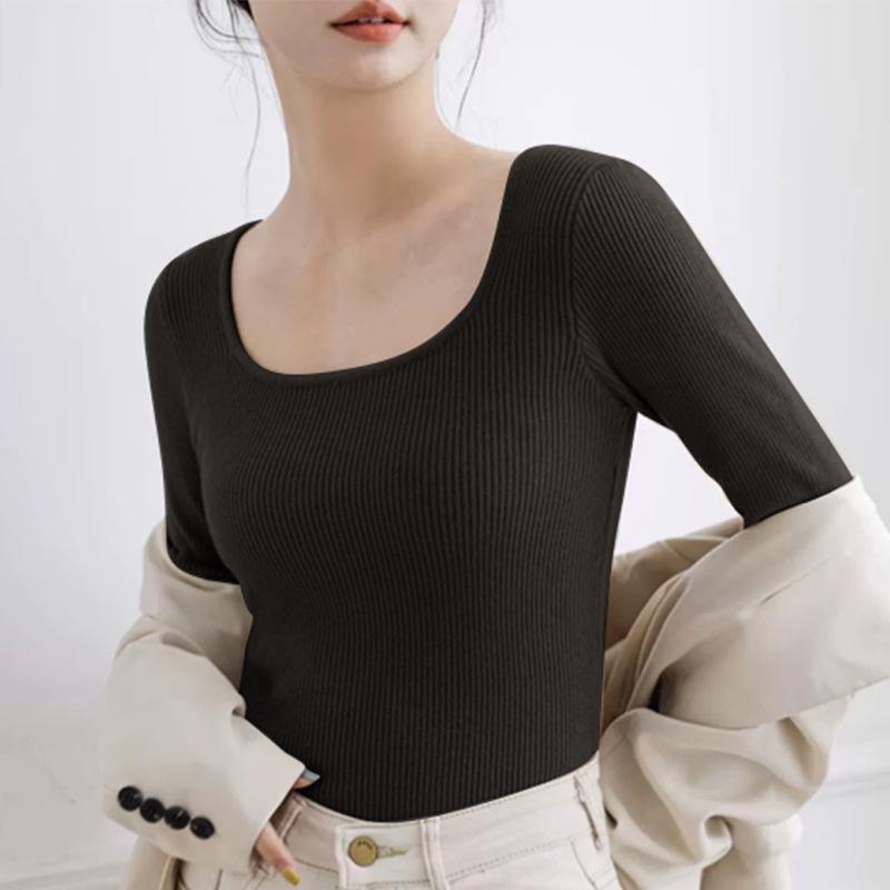 "Женский вязаный свитер с квадратным вырезом": Длинный рукав, плюс бархат, однотонный, на осень и зиму.