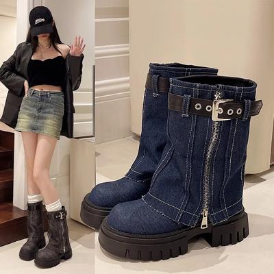 Мода 2024 года, новые туфли для женщин, женские ботинки с пряжкой на ремне, модные современные ботинки с боковой молнией, женские высококачественные ботинки до середины икры с круглым носком