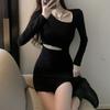 New Autumn Style Slanted Neck Long-sleeved Dress Hollow Design Sexy Black Base Skirt
