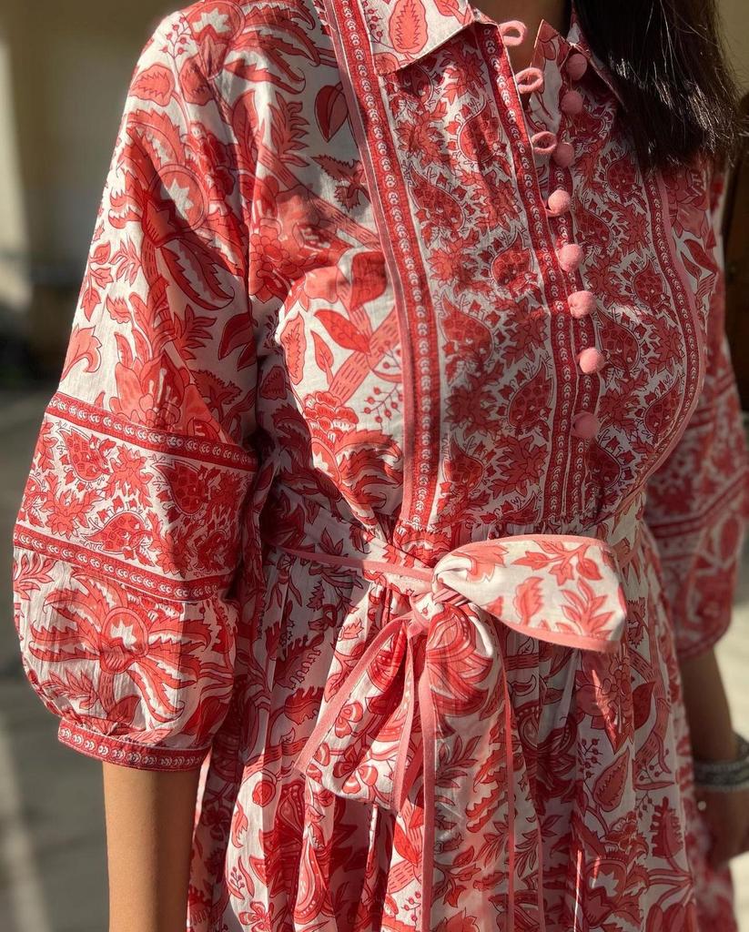 HandBlock Print Dress Jaipur Morni Cotton Summer Midi Dress White Coral Cotton Shirt Dress with Belt,pockets