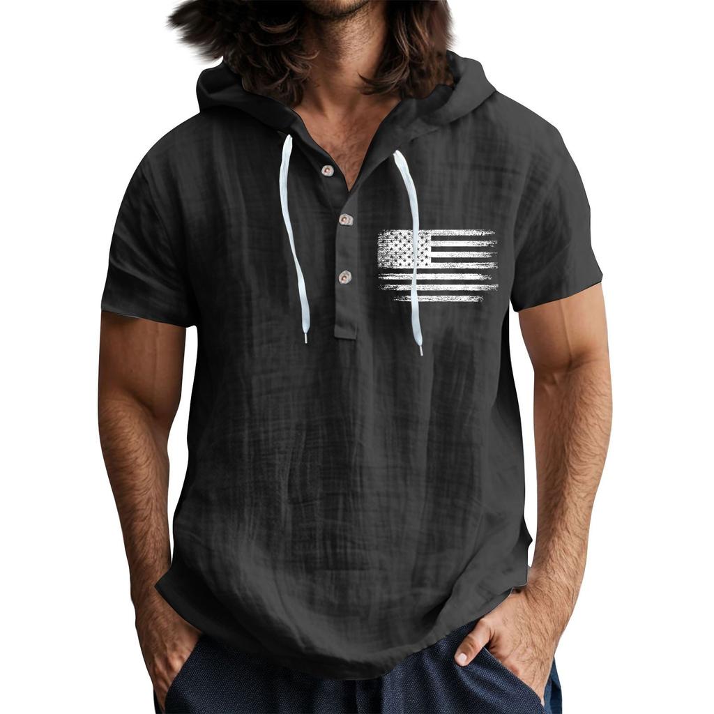 Мужская повседневная футболка с короткими рукавами, капюшоном и открытым воротом на пуговицах