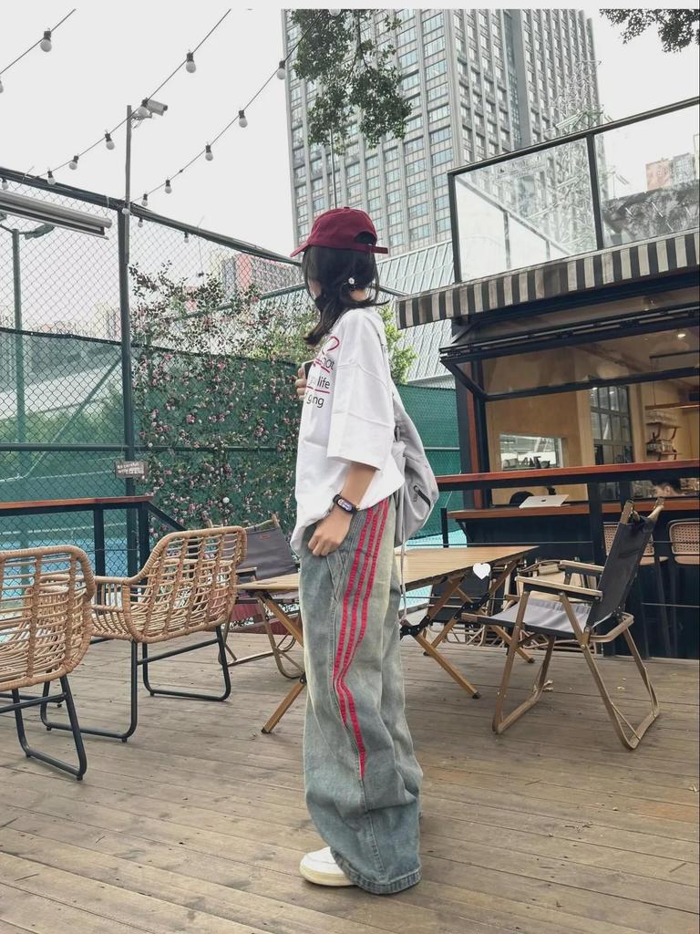 Джинсы унисекс с потертостями и полосками, коллекция весна 2024 г., свободный широкий крой