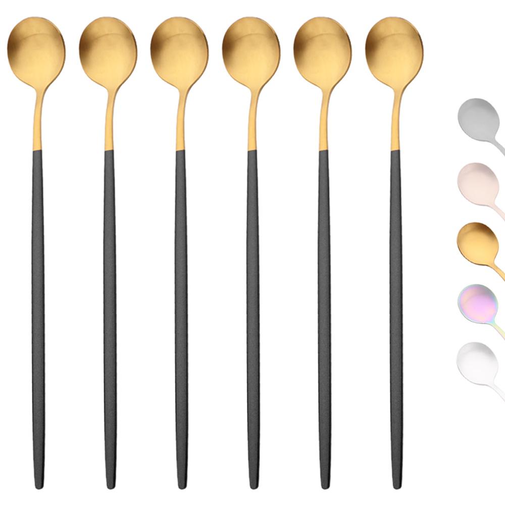 6Pcs Coffee Stirring Spoon Cutlery Set Juice Black Gold Tea Spoon Dinnerware Ice Cream Long Handle Scoop Tableware Kitchen Tools