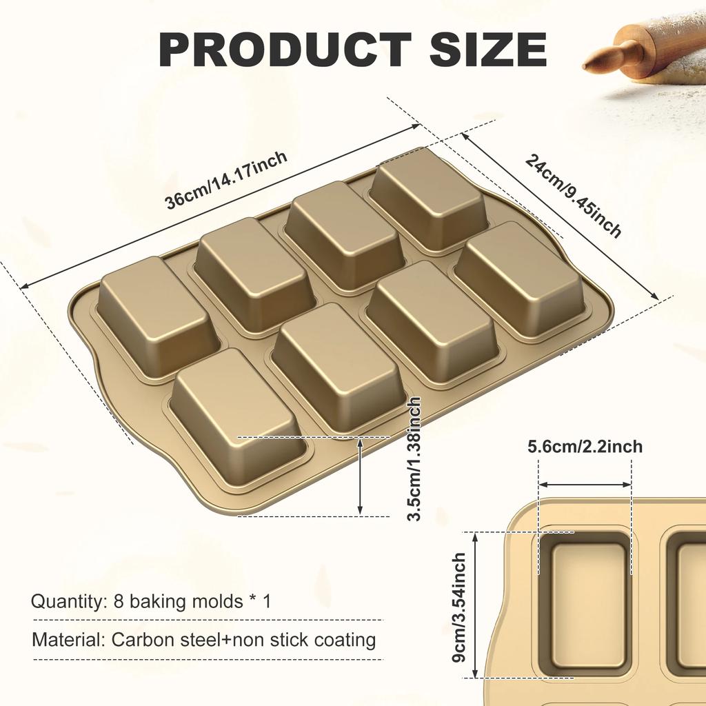 Формы для кексов с антипригарным покрытием, 8 ячеек, форма для мини-хлеба, инструменты для выпечки, прямоугольные противни из углеродистой стали для маленького хлеба, бытовые противни для духовки