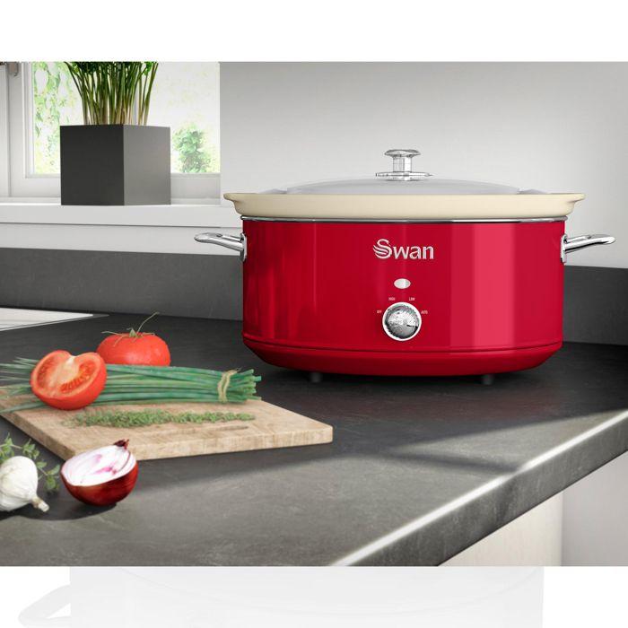 Retro Mijoteuse 6,5L Poêle Amovible en Céramique Antiadhésive, Vintage SWAN SF17031RNEU 320W Rouge