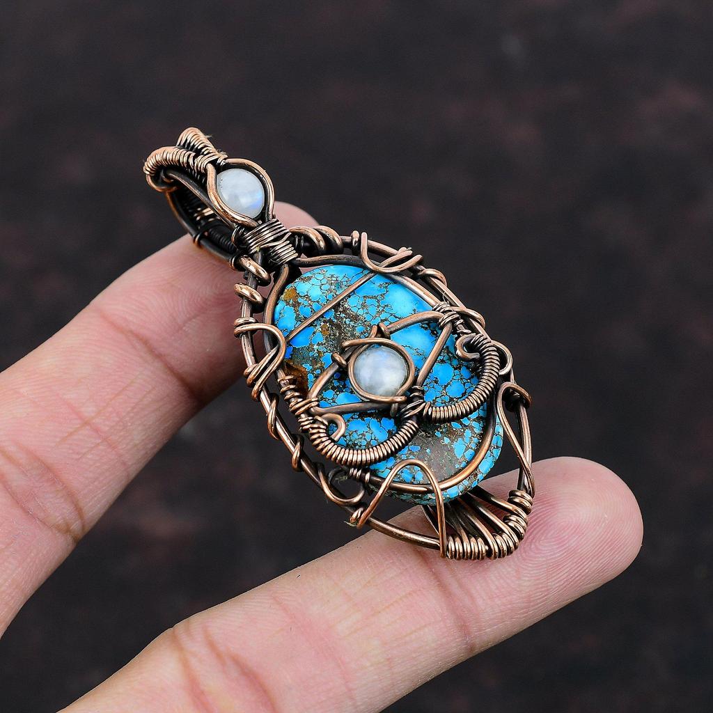 Подвеска из тибетской бирюзы от сглаза, подвеска из медной проволоки, подвеска из лунного камня, ручная работа, медные украшения, подарок для мамы, подвески из настоящих драгоценных камней