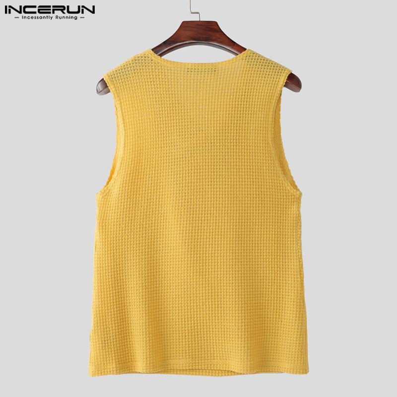 INCERUN Мужские майки без рукавов с отложным воротником, полупрозрачные, вафельной текстуры, облегающие