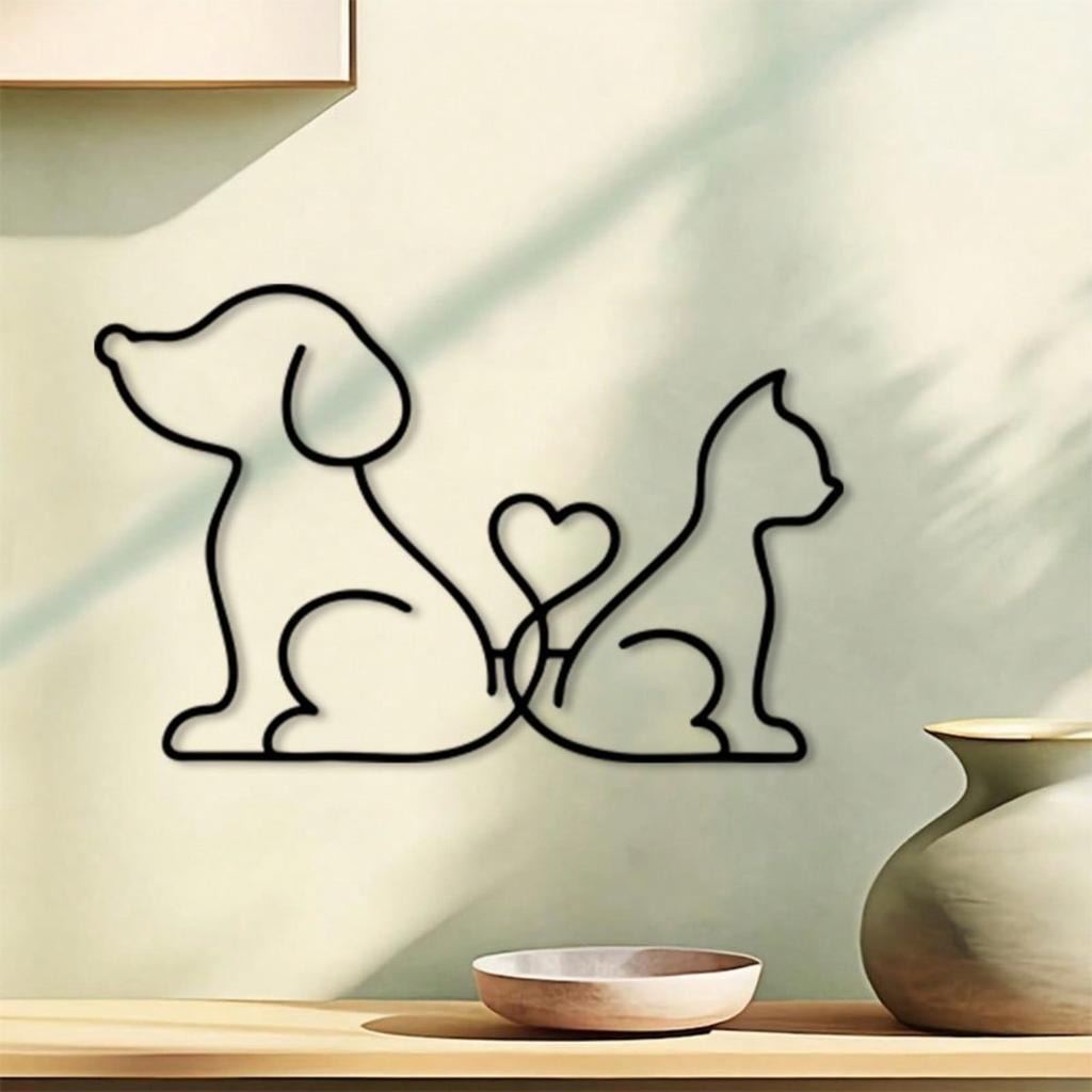 Металлическое Настенное Искусство для Любителей Животных Черная Линия Собака Кошка Сердце Скульптура Современный Декор Дома Подарок для Владельца Питомца
