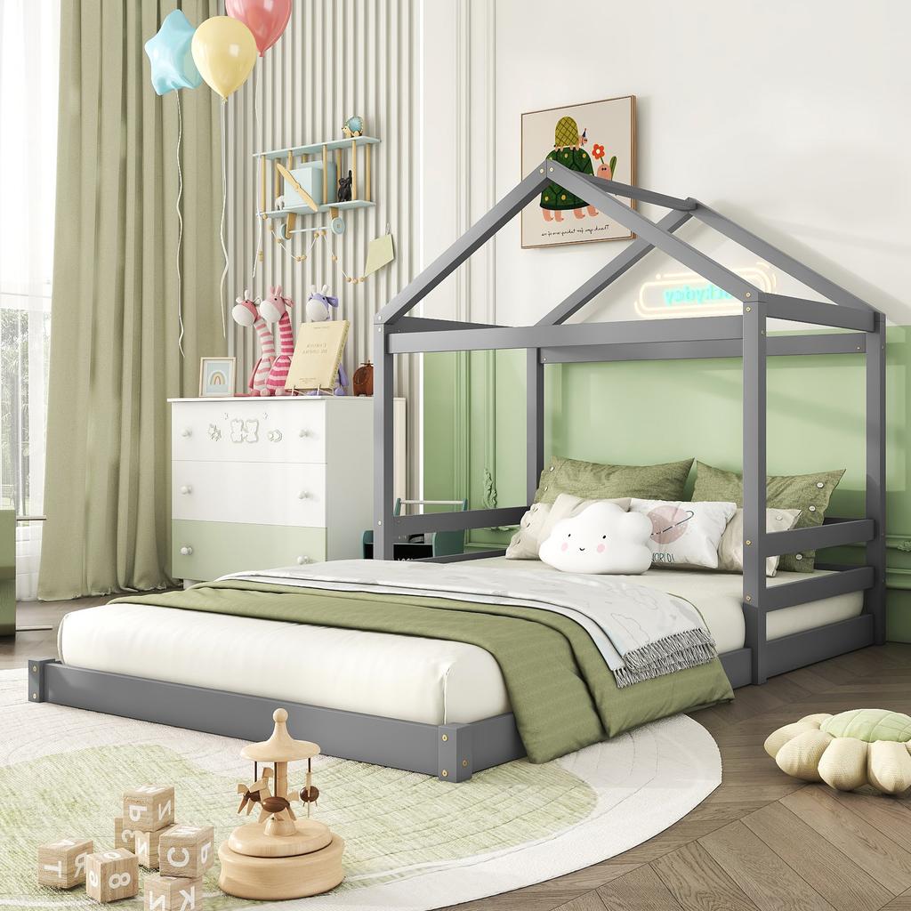 House bed, 140 x 200 cm, children's bed in house shape with slatted frame (without mattress), pine wood, minimalist style, grey