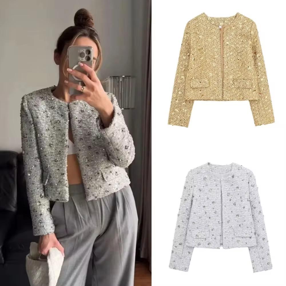 Women Sequins Coat O Neck Long Sleeves Female Loose Jacket Gold Silver Wild Shiny Short Woman Cardigan Coat Streetwear