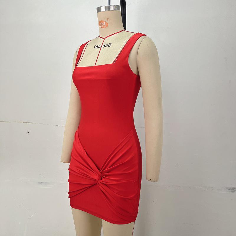 Leather Tyrant Cross-Border European & American Women's Square Neck Sleeveless Slim Bodycon Mini Dress