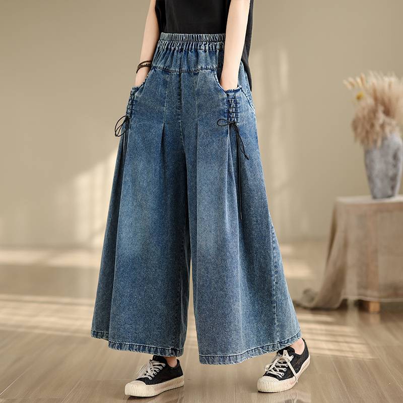 Large Size Denim Wide-leg Pants Elastic Waist Loose and Thin Casual All-match Straight Wide-leg Pants for Women