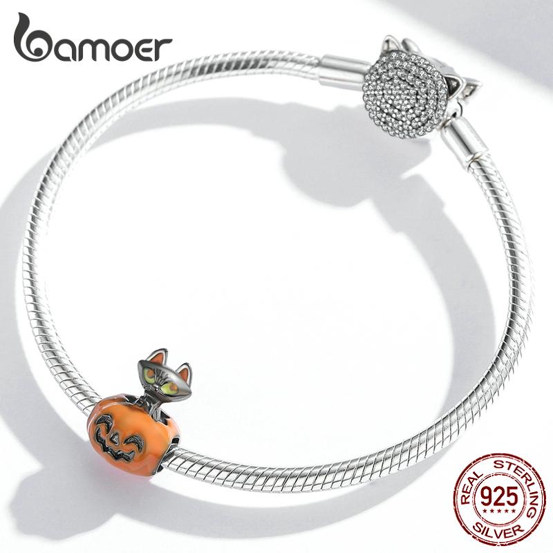 BAMOER, стерлинговое серебро 925 пробы, эмаль, Хэллоуин, смайлик, тыквы и игривый черный кот, очаровательные бусины для женщин, ювелирные украшения