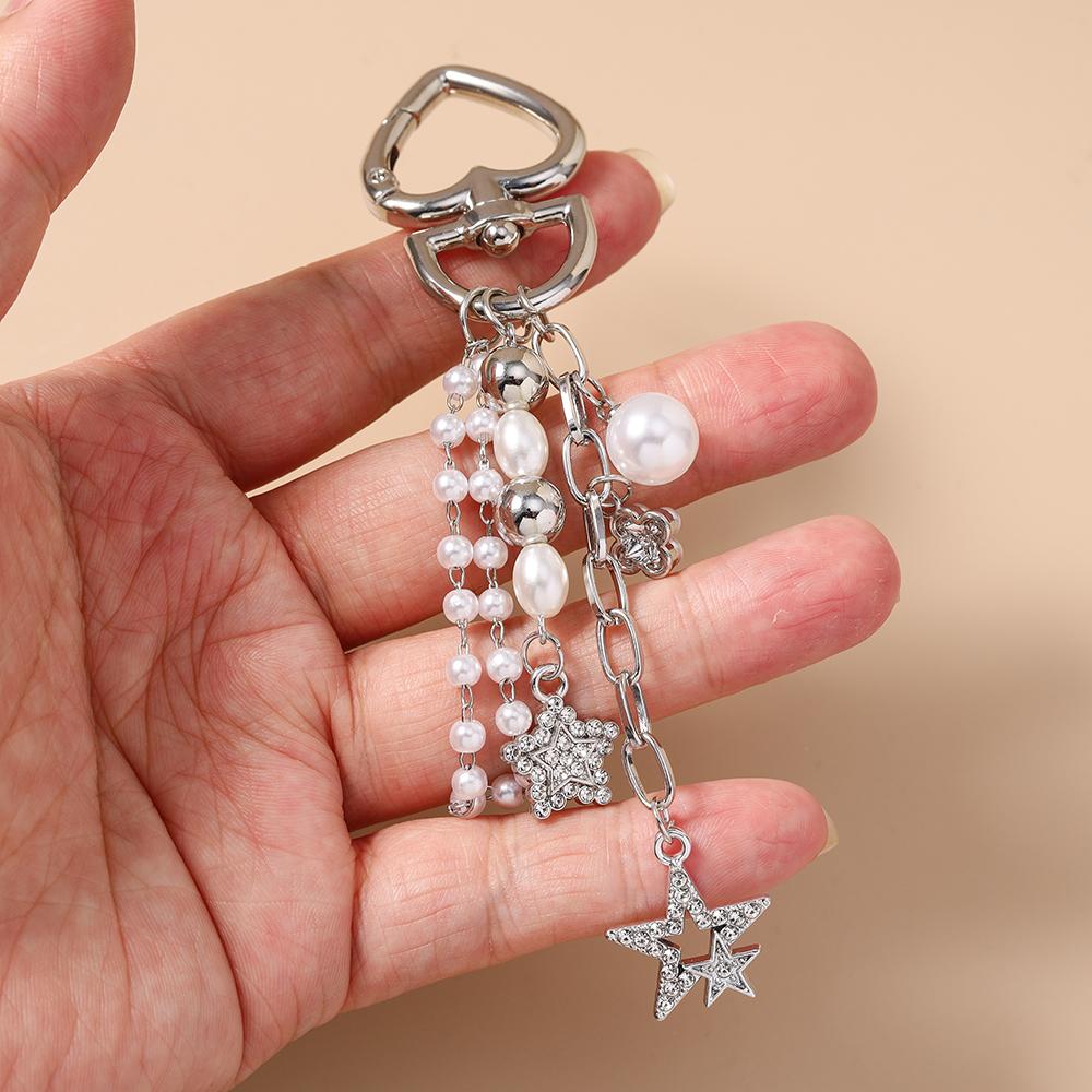 Chic Rhinestones Star Keychain Pearl Beaded Key Ring Pendants for Women Girls Handbag Decor DIY Handmade Key Chain Jewelry Gift