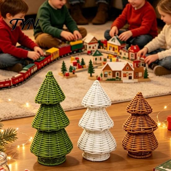 Rustic Christmas Shop Props Handwoven Rattan Tree, Cone Xmas Tree Tabletop Ornament, Holiday Window Display Centerpiece for Mantel Fireplace