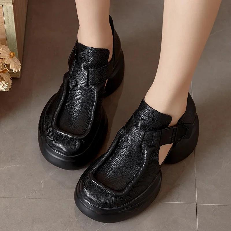 Fashion Retro Genuine Leather Thick Sole Platform Shoes Women 2024 Summer New Waterproof Comfort Round Toe Handmade Sandals