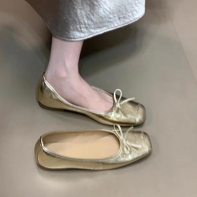 Французский бант, женские туфли на плоской подошве, одинарные туфли, лето 2025, новые, с мелким вырезом, балетки, туфли для бабушки, нежные туфли-бини