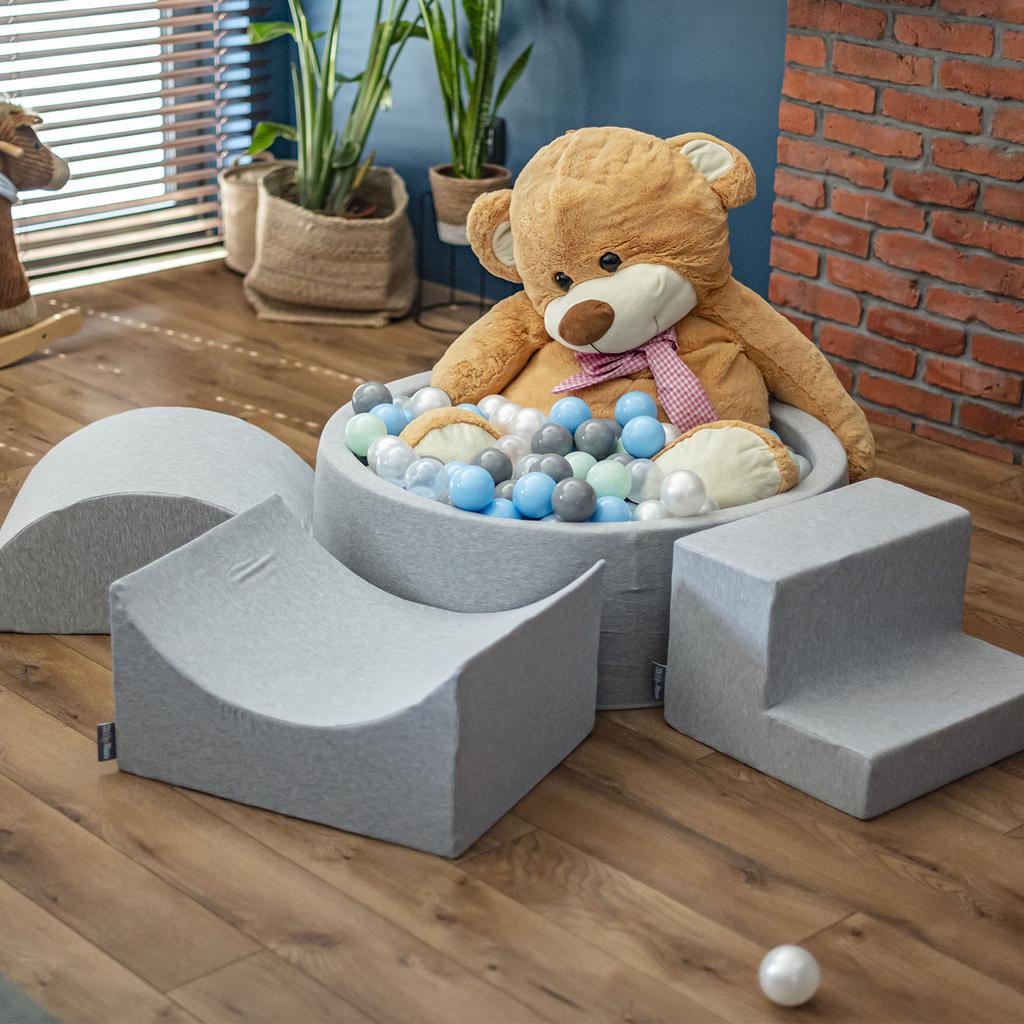 KiddyMoon Мягкий бассейн с шариками, четверть угла 90x30 см/200 шариков, шарики 7 см / 2,75 дюйма для детей, светло-серые:белый/серый/светло-розовый