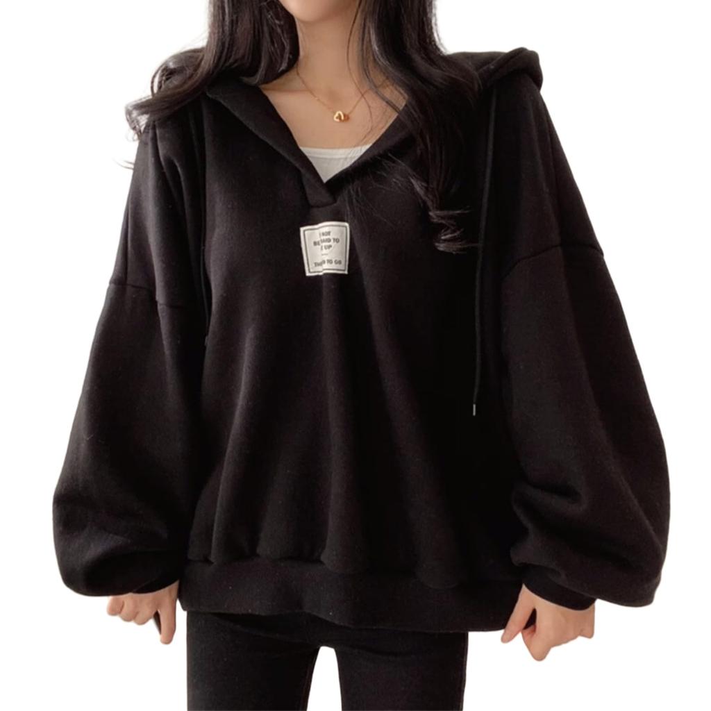 R10righten Pullover Long Loose Soft Polyester Perfect for Going and Simple and Perfect for and Spring Women's Hoodie, V-Neck, Sleeve, Fit, Blend,